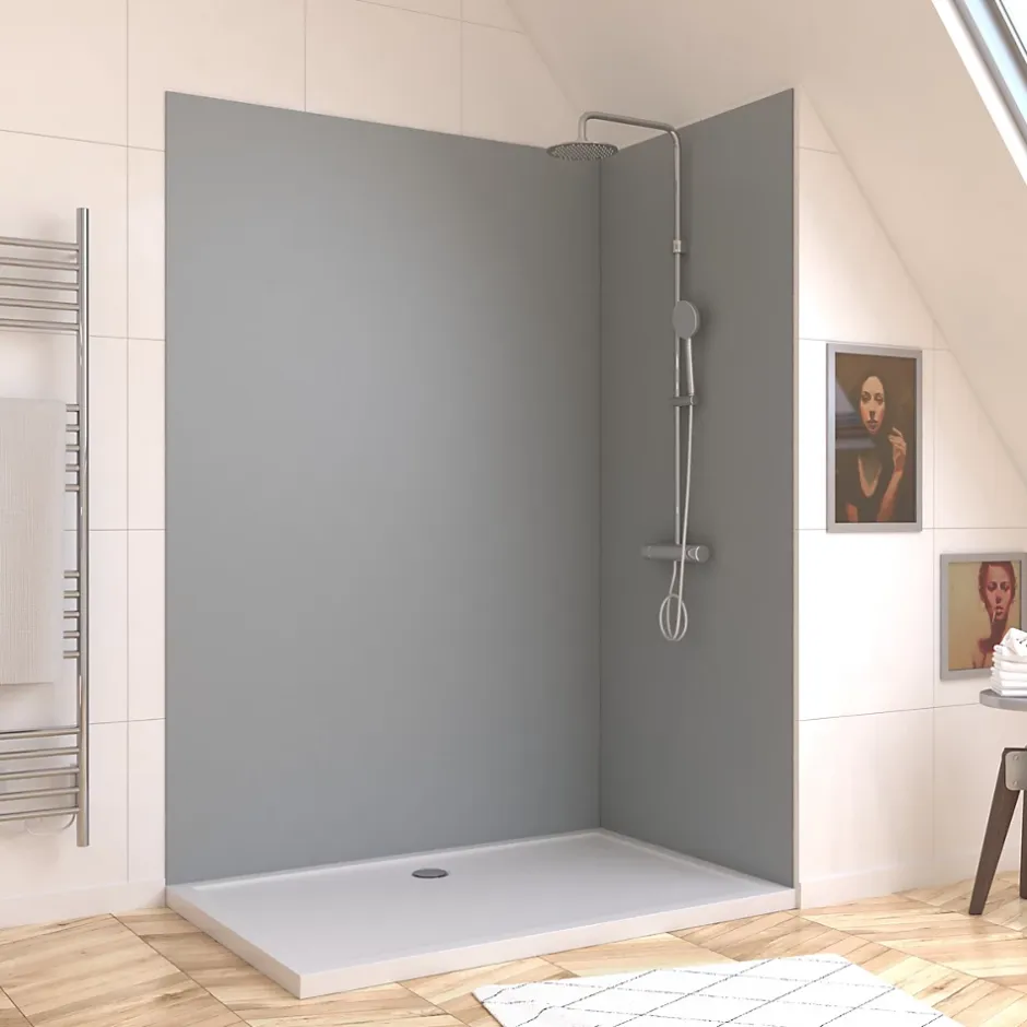 Galedo Pack de 2 panneaux muraux de salle de bains, gris avec profilés chromés, l.120+90 x H.210 x P.0,3 cm, Alucolors
