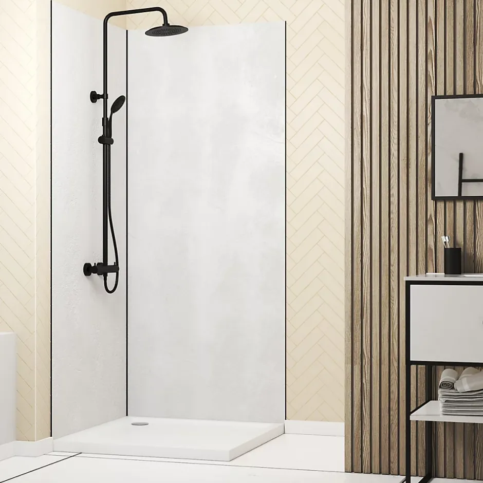 Galedo Pack de 2 panneaux muraux de salle de bains, blanc effet pierre avec profilés noirs, l.90+90 x H.210 x P.0,3 cm, Homestone* Panneau Mural De Salle De Bains