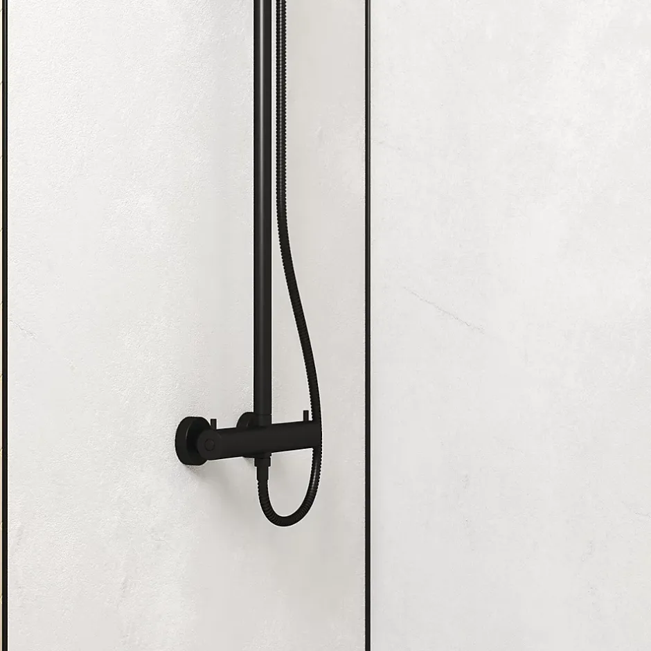 Galedo Pack de 2 panneaux muraux de salle de bains, blanc effet pierre avec profilés noirs, l.90+90 x H.210 x P.0,3 cm, Homestone* Panneau Mural De Salle De Bains
