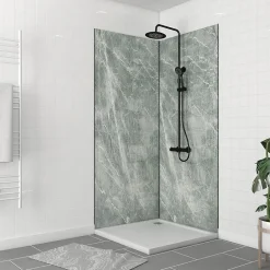 Galedo Pack de 2 panneaux muraux de salle de bains, vert effet pierre avec profilés noirs, l.90+90 x H.210 x P.0,3 cm, Homestone* Panneau Mural De Salle De Bains