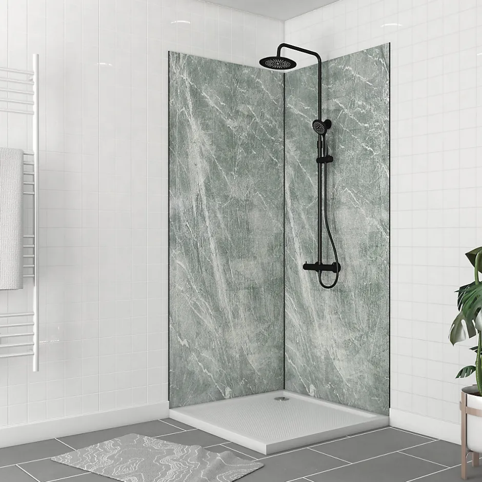 Galedo Pack de 2 panneaux muraux de salle de bains, vert effet pierre avec profilés noirs, l.90+90 x H.210 x P.0,3 cm, Homestone* Panneau Mural De Salle De Bains