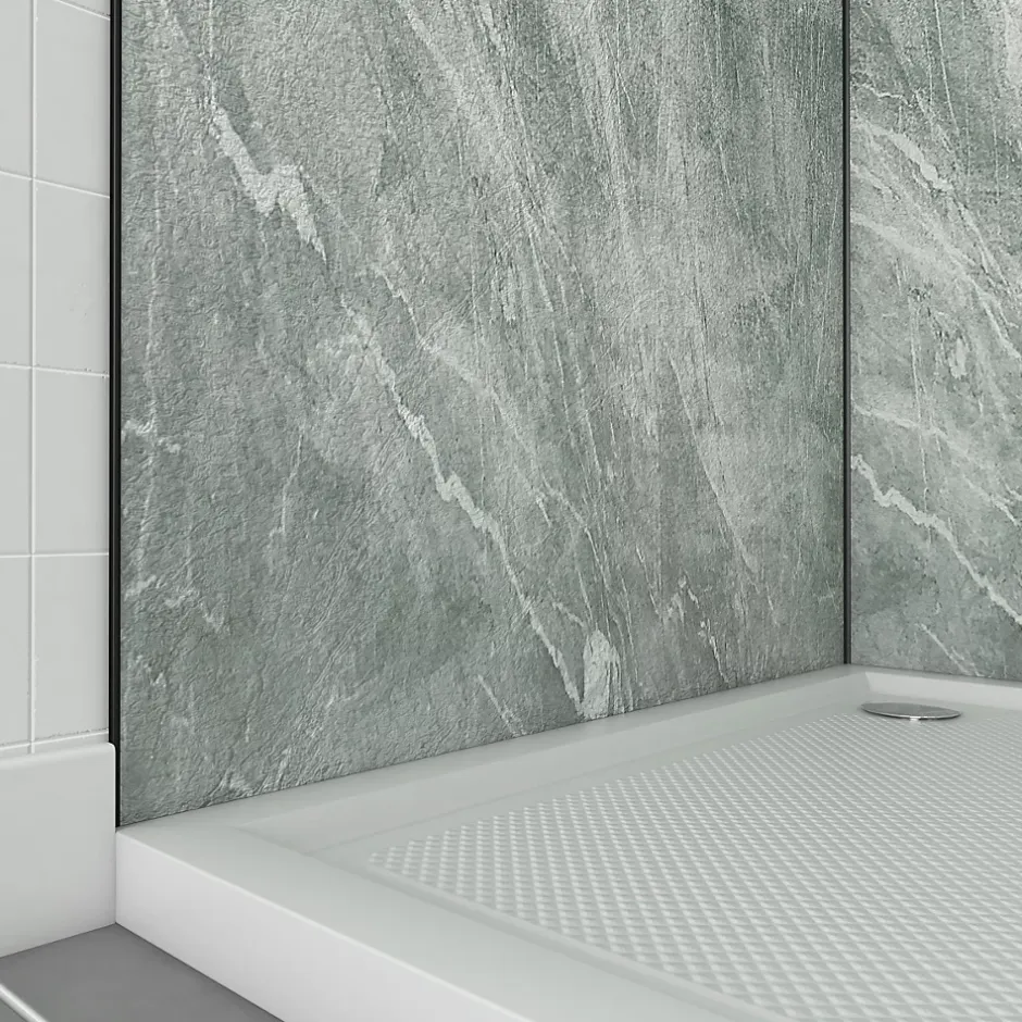 Galedo Pack de 2 panneaux muraux de salle de bains, vert effet pierre avec profilés noirs, l.90+90 x H.210 x P.0,3 cm, Homestone* Panneau Mural De Salle De Bains