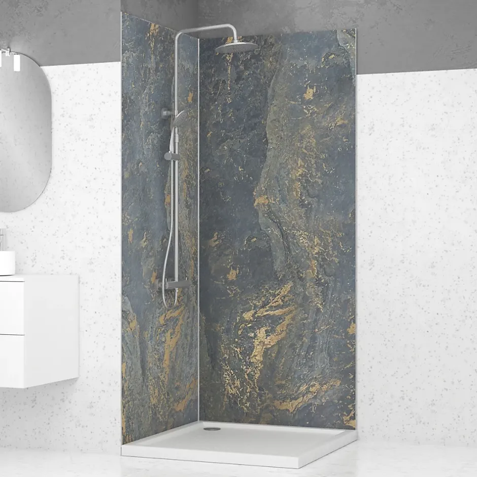 Galedo Pack de 2 panneaux muraux de salle de bains, gris et doré effet marbre avec profilés chromés, l.90+90 x H.210 x P.0,3 cm, Homestone