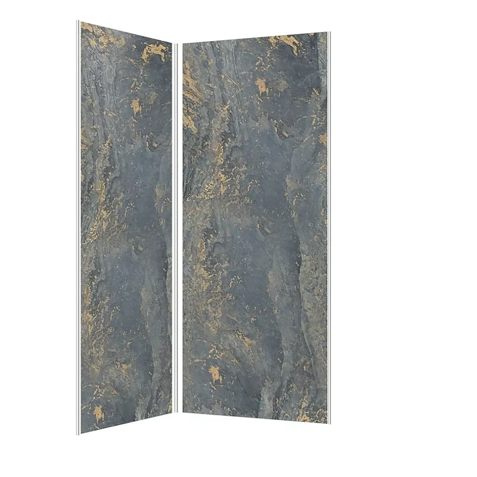 Galedo Pack de 2 panneaux muraux de salle de bains, gris et doré effet marbre avec profilés chromés, l.90+90 x H.210 x P.0,3 cm, Homestone