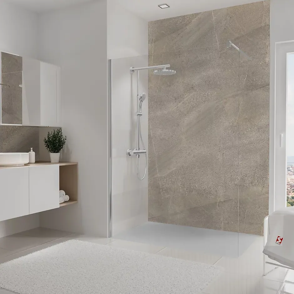 Schulte Pack de 2 panneaux muraux de salle de bains l.100 x H.210cm, effet pierre taupe sablée, DécoDesign décor