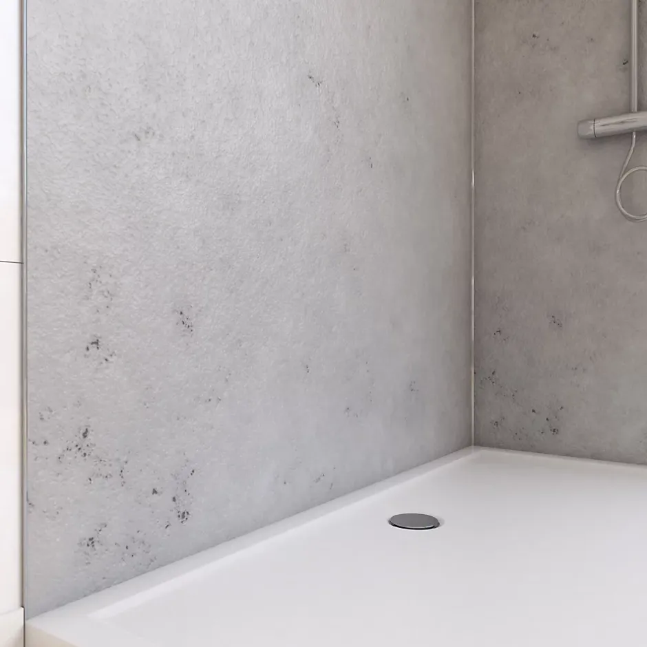 Galedo Pack de 2 panneaux muraux de salle de bains, gris effet pierre avec profilés chromés, l.120+90 x H.210 x P.0,3 cm, Homestone* Panneau Mural De Salle De Bains