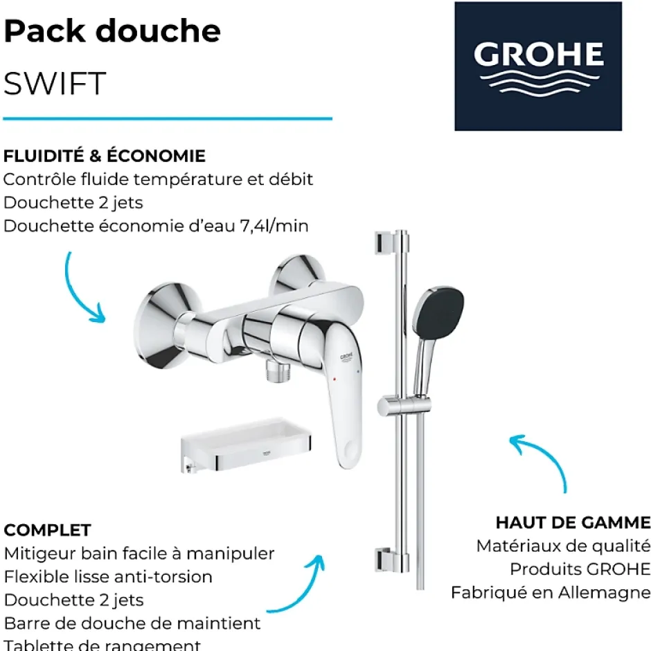 Grohe Pack douche mécanique Swift 2023 avec ensemble de douhe Vitalio Comfort 110 et tablette