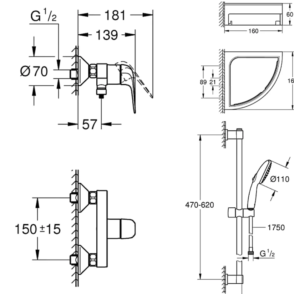 Grohe Pack douche mécanique Swift 2023 avec ensemble de douche Vitalio Comfort 110 et tablette en angle* Colonne De Douche Mécanique