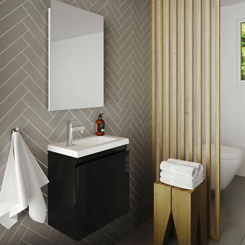 Planète Bain Pack lave mains avec miroir Porto Noir brillant - Marque allibert* Lave-Mains
