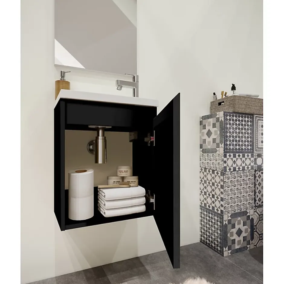 Planète Bain Pack lave mains avec miroir Porto Noir brillant - Marque allibert* Lave-Mains