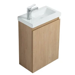Bain-Bain Pack Meuble Lave-main prémonté bois-Vasque blanche-Robinet chromé- Crochet chromé -* Lave-Mains