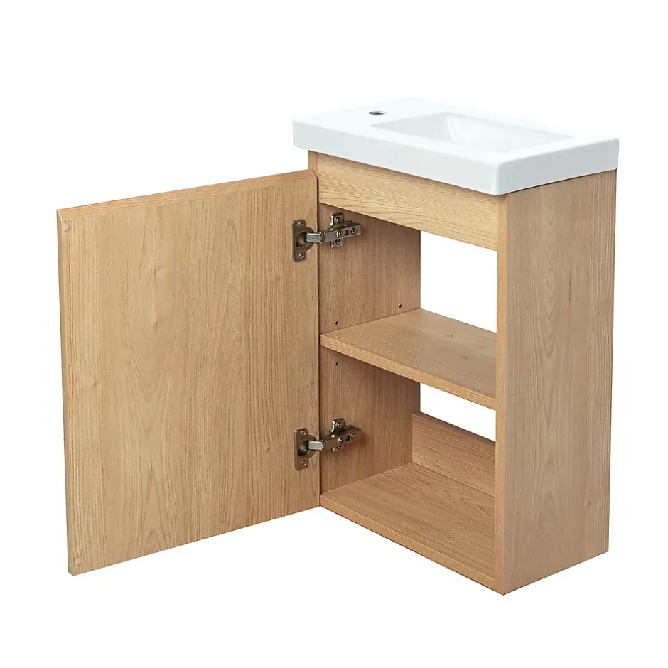 Bain-Bain Pack Meuble Lave-main prémonté bois-Vasque blanche-Robinet chromé- Crochet chromé -* Lave-Mains