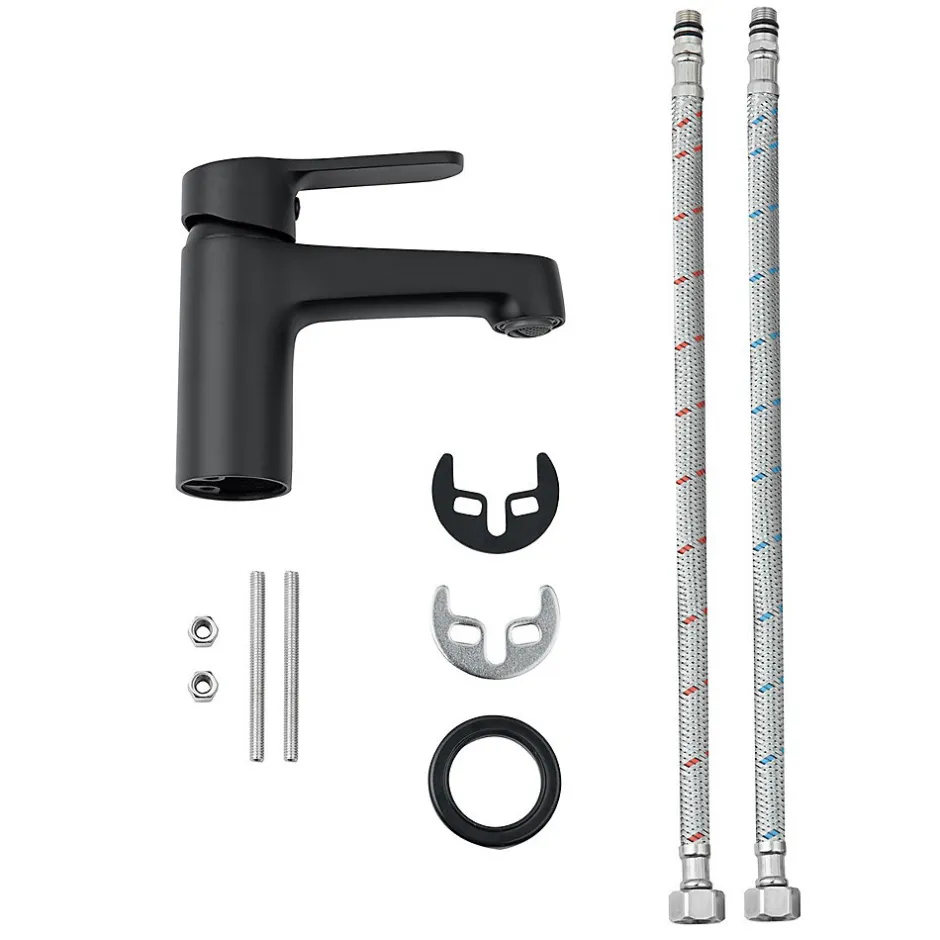 Bain-Bain Pack Meuble Lave-main prémonté bois-Vasque blanche-Robinet noir- Crochet noir -