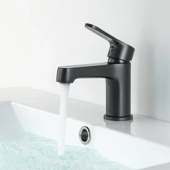 Bain-Bain Pack Meuble Lave-main prémonté bois-Vasque blanche-Robinet noir -* Lave-Mains