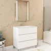 Aurlane Pack Meuble Salle de Bains 80cm Blanc 3 Tiroirs, Vasque, Miroir 60x80 à Leds intégrées - XENOS* Meuble Vasque