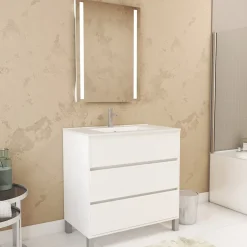 Aurlane Pack Meuble Salle de Bains 80cm Blanc 3 Tiroirs, Vasque, Miroir 60x80 à Leds intégrées - XENOS* Meuble Vasque