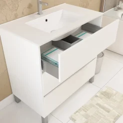 Aurlane Pack Meuble Salle de Bains 80cm Blanc 3 Tiroirs, Vasque, Miroir 60x80 à Leds intégrées - XENOS* Meuble Vasque