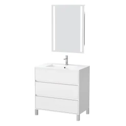 Aurlane Pack Meuble Salle de Bains 80cm Blanc 3 Tiroirs, Vasque, Miroir 60x80 à Leds intégrées - XENOS* Meuble Vasque