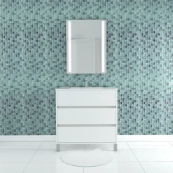 Aurlane Pack Meuble Salle de Bains 80cm Blanc 3 Tiroirs, Vasque, Miroir 60x80 à Leds intégrées - XENOS* Meuble Vasque