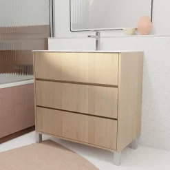 Aurlane Pack Meuble Salle de Bains 80 cm Chêne Clair, 3 tiroirs avec Vasque Céramique - XENOS* Meuble Vasque