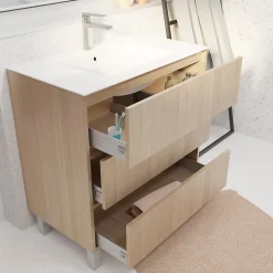 Aurlane Pack Meuble Salle de Bains 80 cm Chêne Clair, 3 tiroirs avec Vasque Céramique - XENOS* Meuble Vasque