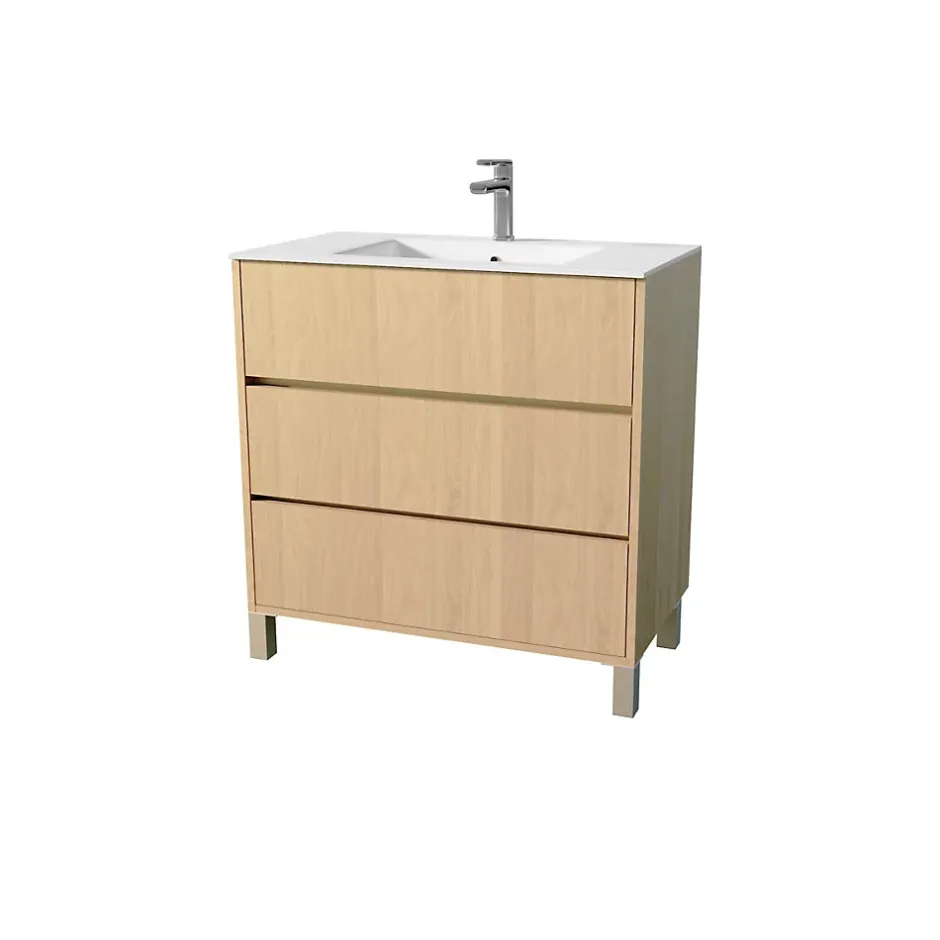 Aurlane Pack Meuble Salle de Bains 80 cm Chêne Clair, 3 tiroirs avec Vasque Céramique - XENOS* Meuble Vasque