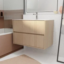 Aurlane Pack Meuble Salle de Bains 80 cm Chêne Clair, 2 tiroirs avec Vasque Céramique - XENOS