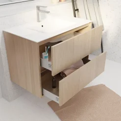 Aurlane Pack Meuble Salle de Bains 80 cm Chêne Clair, 2 tiroirs avec Vasque Céramique - XENOS
