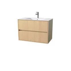 Aurlane Pack Meuble Salle de Bains 80 cm Chêne Clair, 2 tiroirs avec Vasque Céramique - XENOS