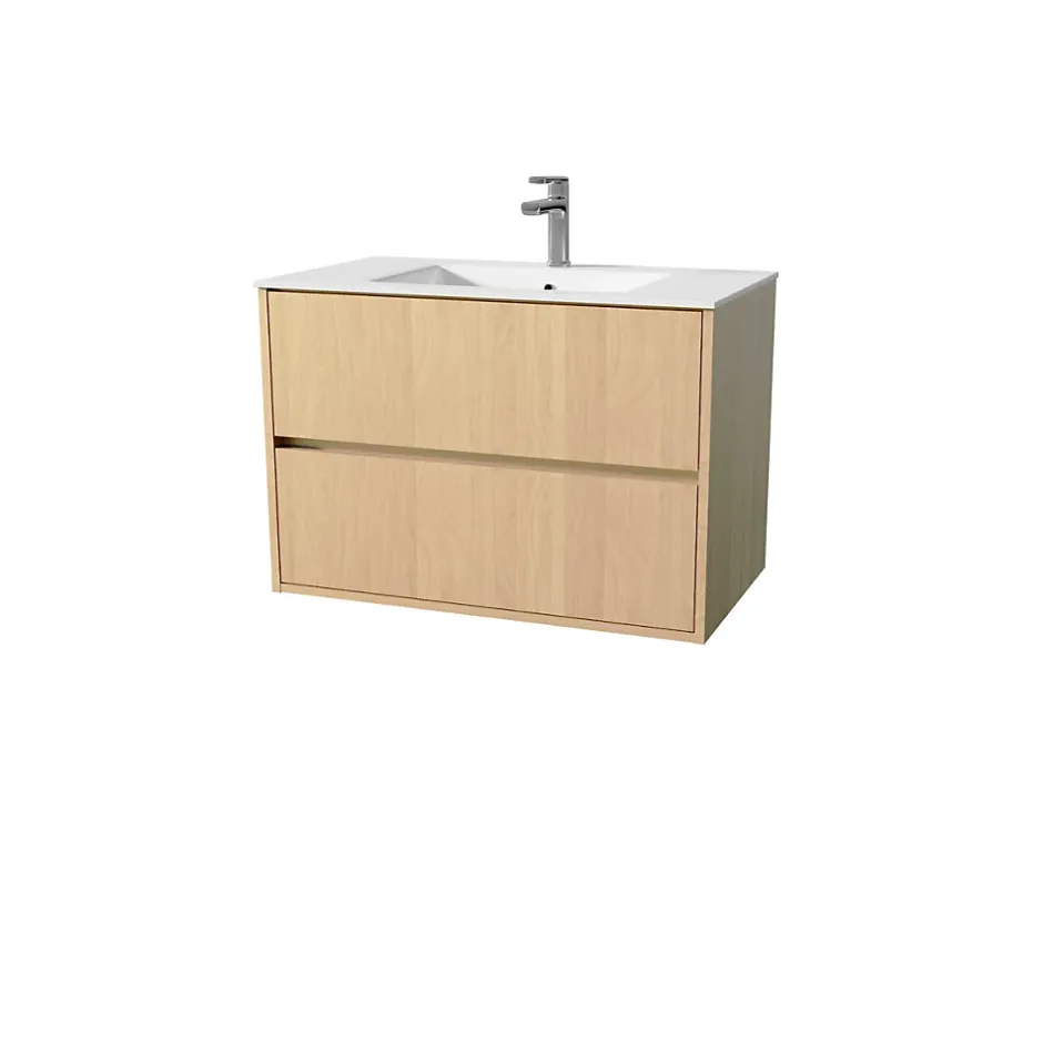 Aurlane Pack Meuble Salle de Bains 80 cm Chêne Clair, 2 tiroirs avec Vasque Céramique - XENOS