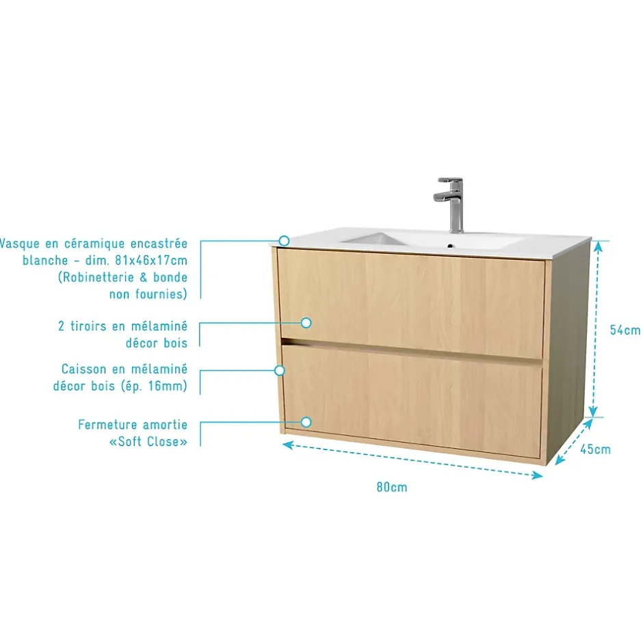Aurlane Pack Meuble Salle de Bains 80 cm Chêne Clair, 2 tiroirs avec Vasque Céramique - XENOS