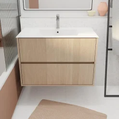 Aurlane Pack Meuble Salle de Bains 80 cm Chêne Clair, 2 tiroirs avec Vasque Céramique - XENOS