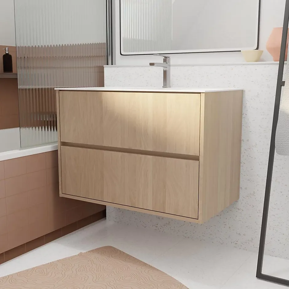 Aurlane Pack Meuble Salle de Bains 80 cm Chêne Clair, 2 tiroirs avec Vasque Céramique - XENOS