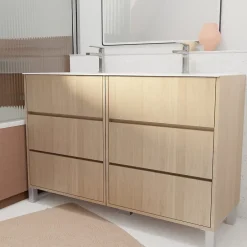 Aurlane Pack Meuble Salle de Bains 120 cm Chêne Clair, 6 tiroirs avec Vasque Céramique - XENOS