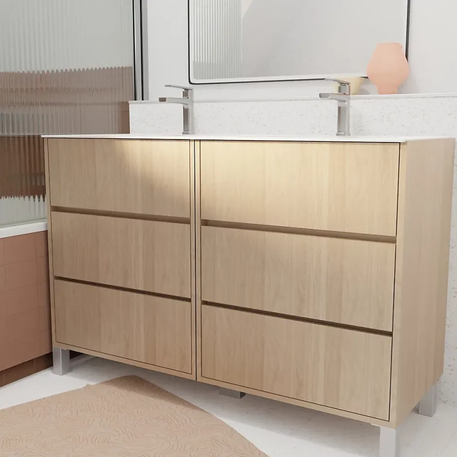 Aurlane Pack Meuble Salle de Bains 120 cm Chêne Clair, 6 tiroirs avec Vasque Céramique - XENOS