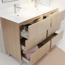 Aurlane Pack Meuble Salle de Bains 120 cm Chêne Clair, 6 tiroirs avec Vasque Céramique - XENOS