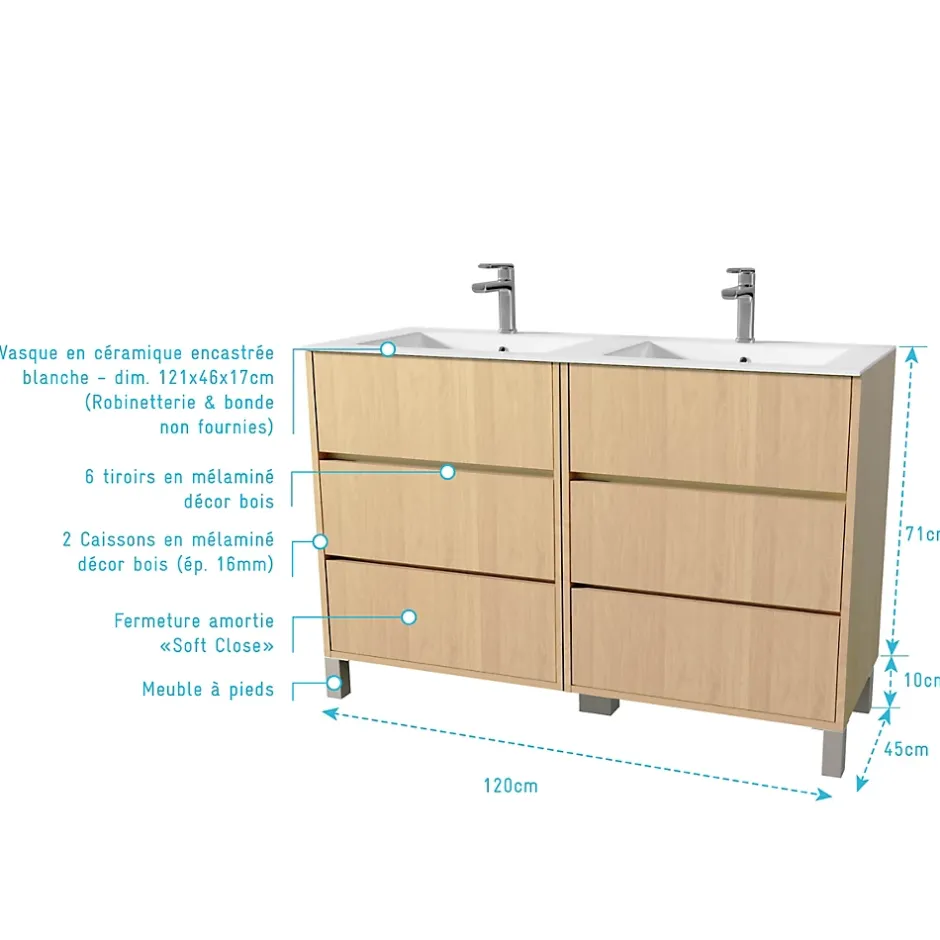 Aurlane Pack Meuble Salle de Bains 120 cm Chêne Clair, 6 tiroirs avec Vasque Céramique - XENOS