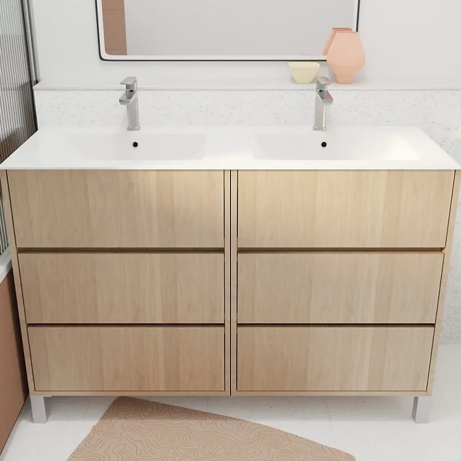 Aurlane Pack Meuble Salle de Bains 120 cm Chêne Clair, 6 tiroirs avec Vasque Céramique - XENOS