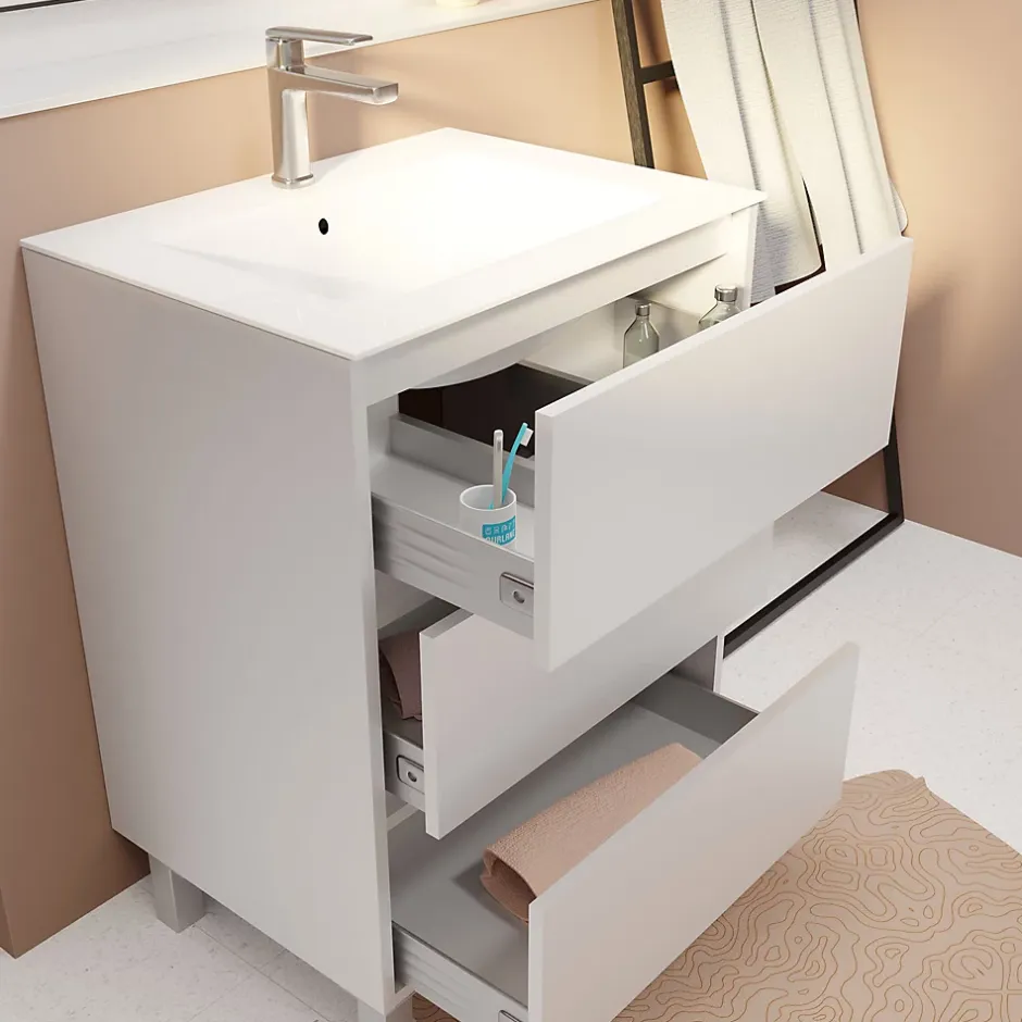 Aurlane Pack Meuble Salle de Bains 60 cm Laqué Blanc, 3 tiroirs avec Vasque Céramique - XENOS* Meuble Vasque