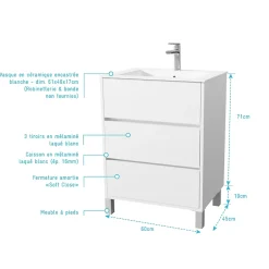 Aurlane Pack Meuble Salle de Bains 60 cm Laqué Blanc, 3 tiroirs avec Vasque Céramique - XENOS* Meuble Vasque