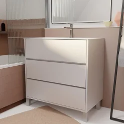 Aurlane Pack Meuble Salle de Bains 80 cm Laqué Blanc, 3 tiroirs avec Vasque Céramique - XENOS* Ensemble Meuble De Salle De Bains