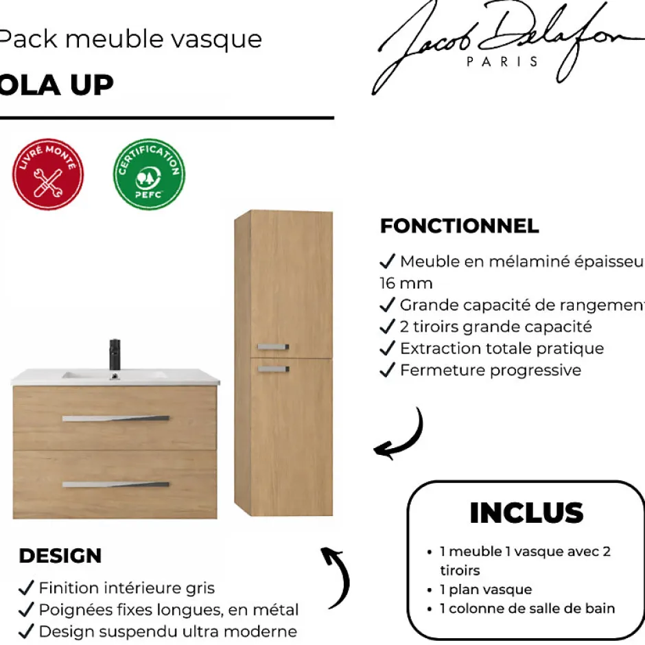 Jacob Delafon Pack meuble vasque 100 cm Ola up chêne + colonne* Ensemble Meuble De Salle De Bains