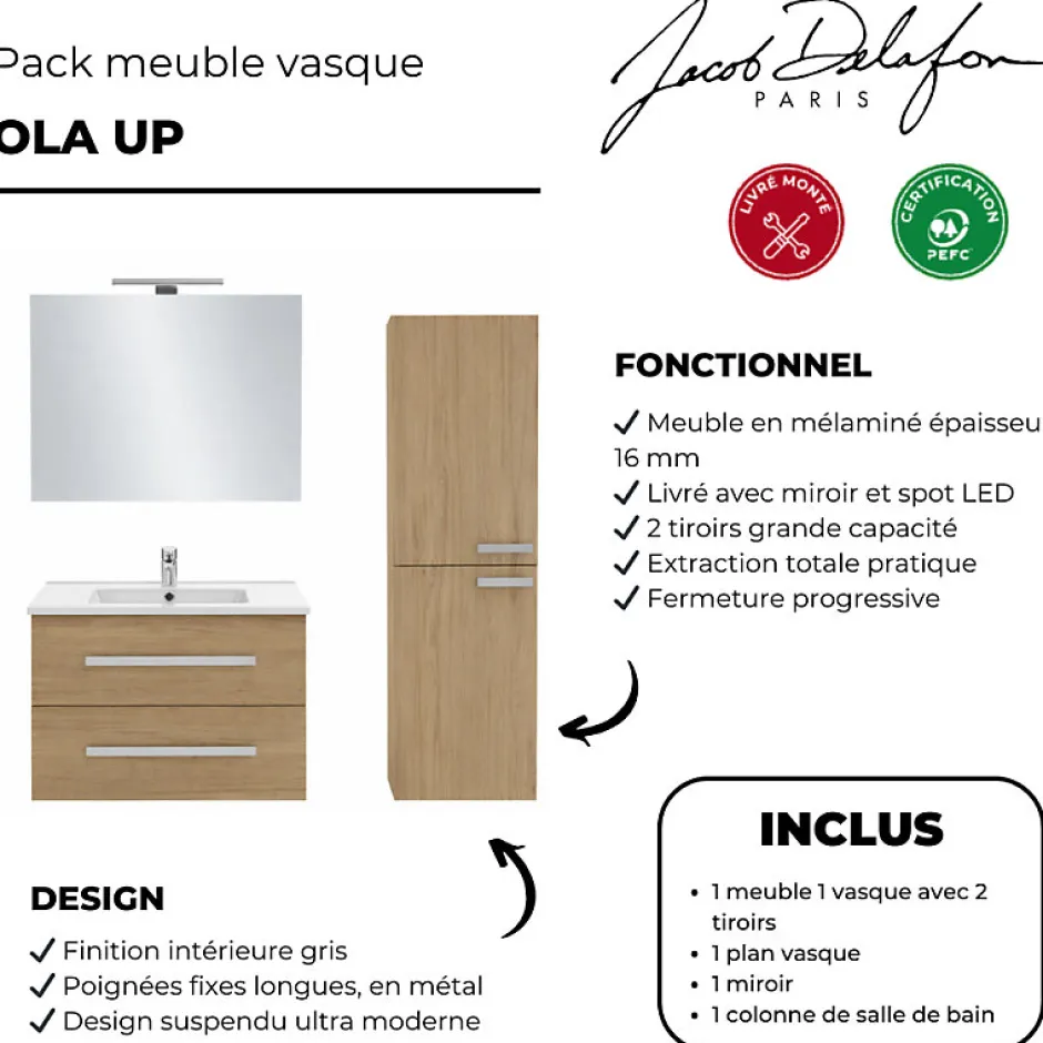 Jacob Delafon Pack meuble vasque 80 cm Ola up chêne + colonne + miroir + spot* Ensemble Meuble De Salle De Bains