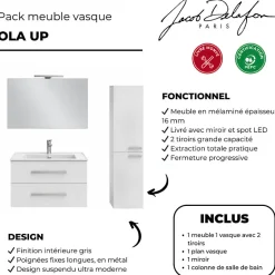 Jacob Delafon Pack meuble vasque 80 cm Ola up blanc + colonne + miroir + spot* Ensemble Meuble De Salle De Bains