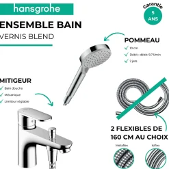 Hansgrohe Pack mitigeur bain douche monotrou Vernis Blend + Flexible Metaflex + Pommeau Vernis Blend 100 Vario chromé* Robinet De Baignoire