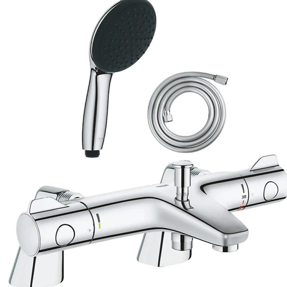 Grohe Pack mitigeur bain douche thermostatique Grohtherm 800 + douchette ronde 2 jets + flexible* Robinet De Baignoire