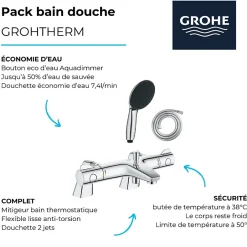 Grohe Pack mitigeur bain douche thermostatique Grohtherm 800 + douchette ronde 2 jets + flexible* Robinet De Baignoire