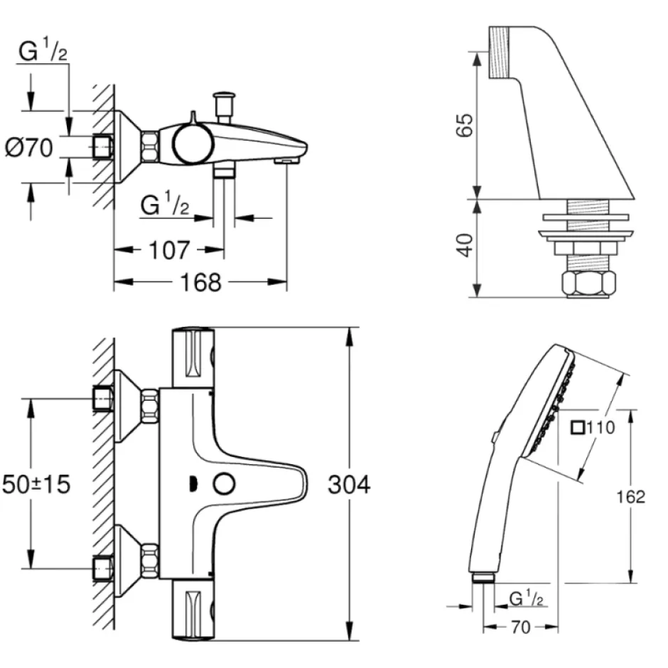 Grohe Pack mitigeur bain douche thermostatique Grohtherm 800 + douchette ronde 2 jets + flexible* Robinet De Baignoire