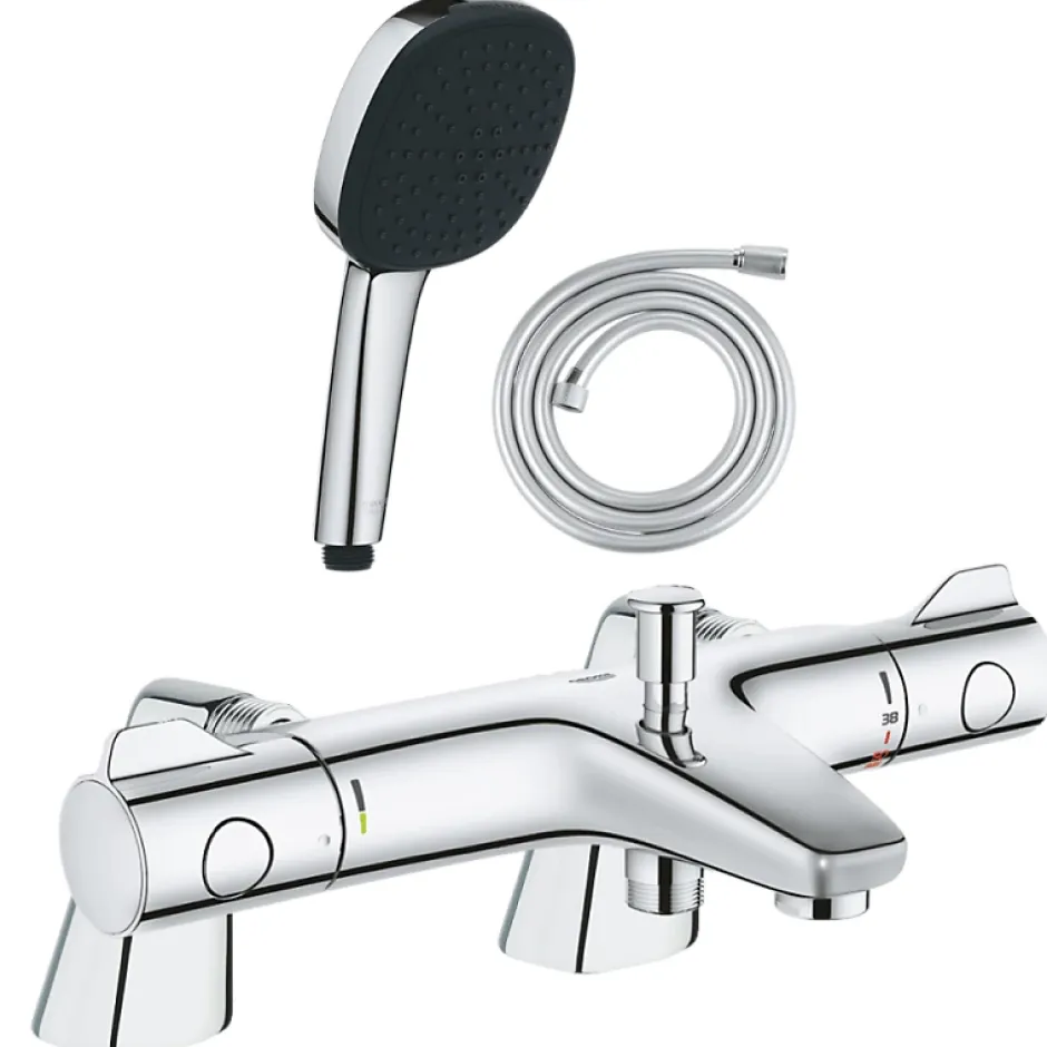 Grohe Pack mitigeur bain douche thermostatique Grohtherm 800 + douchette carré 2 jets + flexible* Robinet De Baignoire