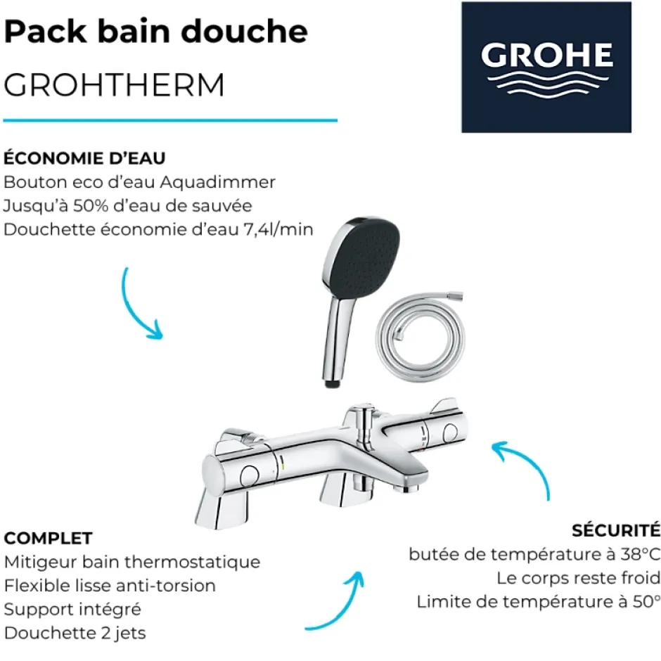 Grohe Pack mitigeur bain douche thermostatique Grohtherm 800 + douchette carré 2 jets + flexible* Robinet De Baignoire